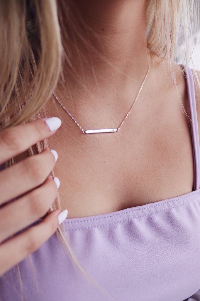 Sterlingsilber Klar CZ Kristall Gravierbar Stange Halskette 45,5 cm Kette