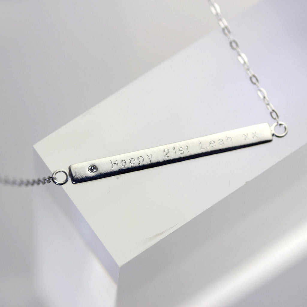 Sterlingsilber Klar CZ Kristall Gravierbar Stange Halskette 45,5 cm Kette