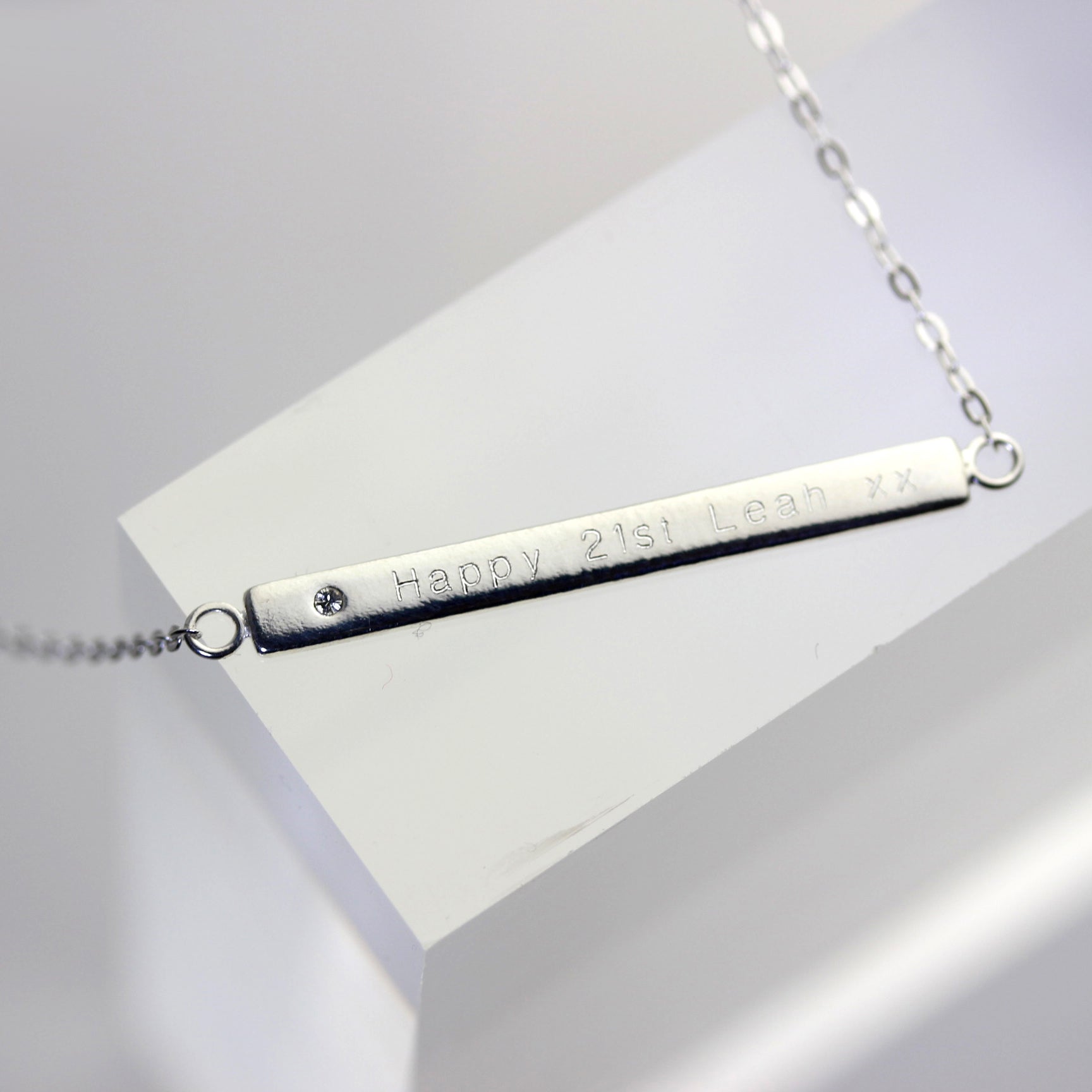 Sterlingsilber Klar CZ Kristall Gravierbar Stange Halskette 45,5 cm Kette