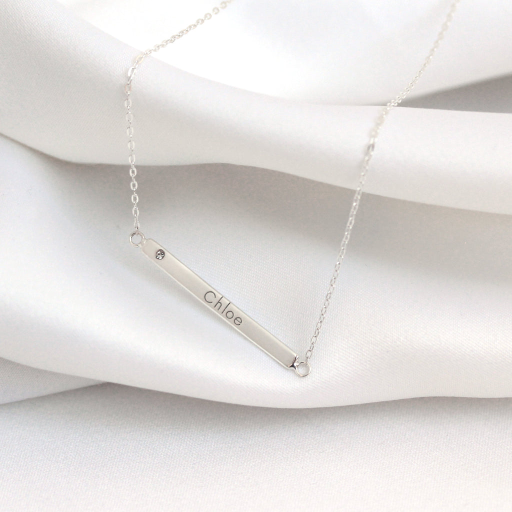 Sterlingsilber Klar CZ Kristall Gravierbar Stange Halskette 45,5 cm Kette