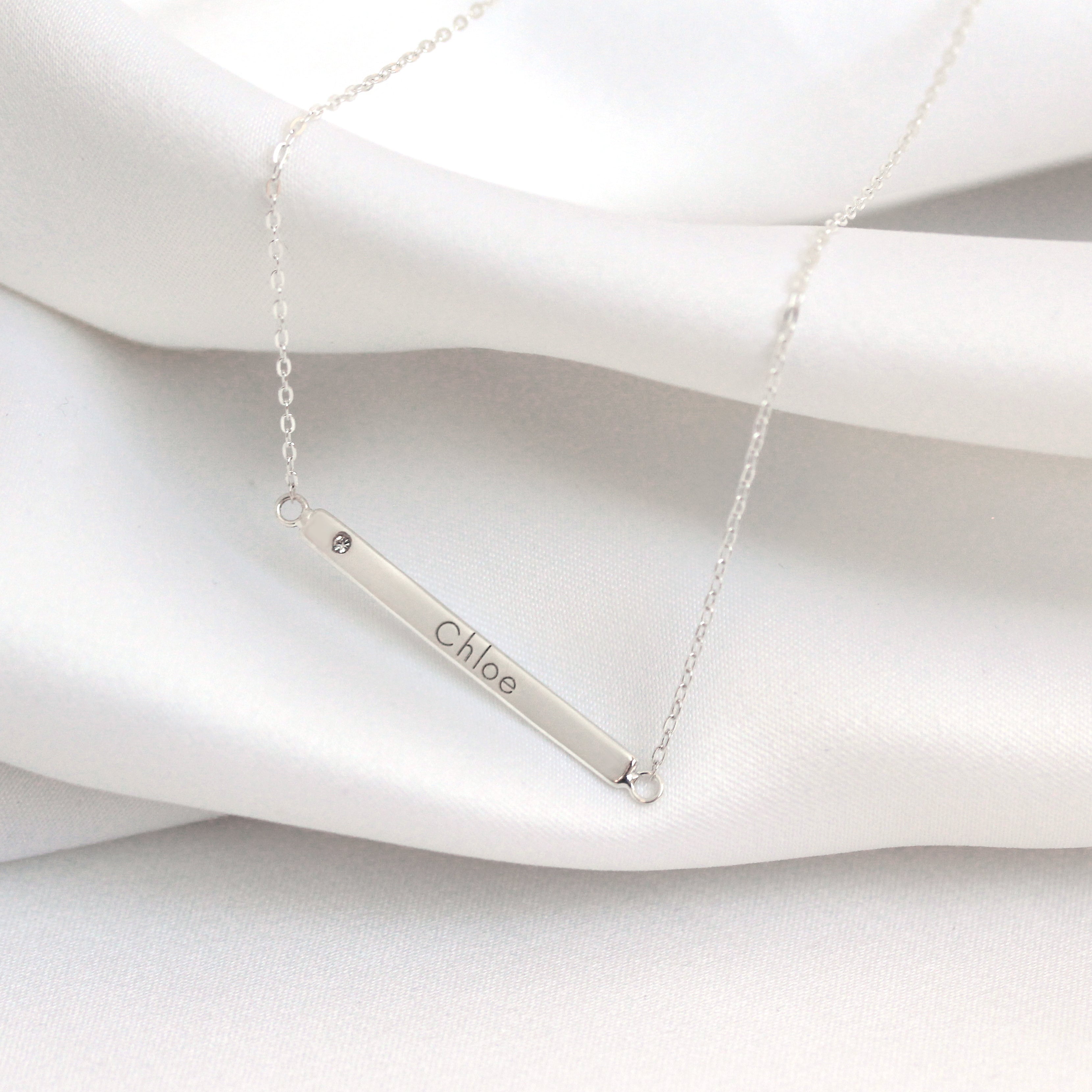 Sterlingsilber Klar CZ Kristall Gravierbar Stange Halskette 45,5 cm Kette
