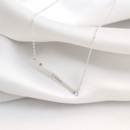 Sterlingsilber Klar CZ Kristall Gravierbar Stange Halskette 45,5 cm Kette