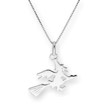 Halskette aus Sterlingsilber mit Hexe auf Besen, 35–56 cm