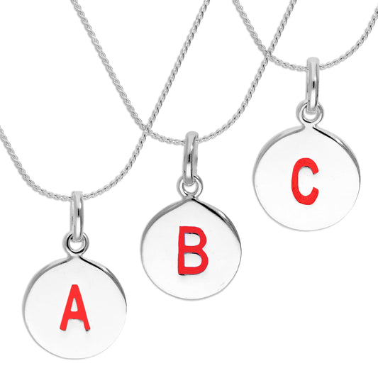 Sterling Silver Red Filled Initial Letter Necklace A - Z 16 - 22 Inches