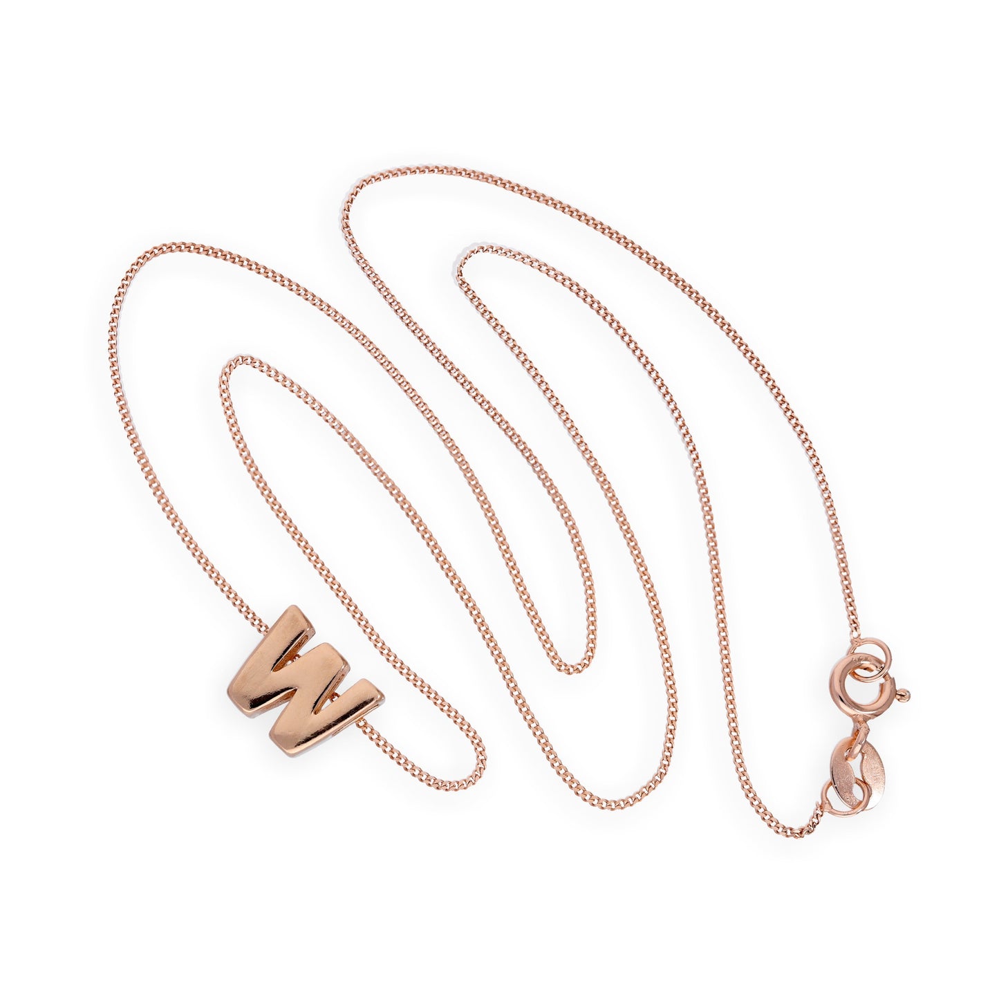 Roségold-beschichtete Halskette aus Sterlingsilber mit Buchstabenanhänger W, 14–32 Zoll