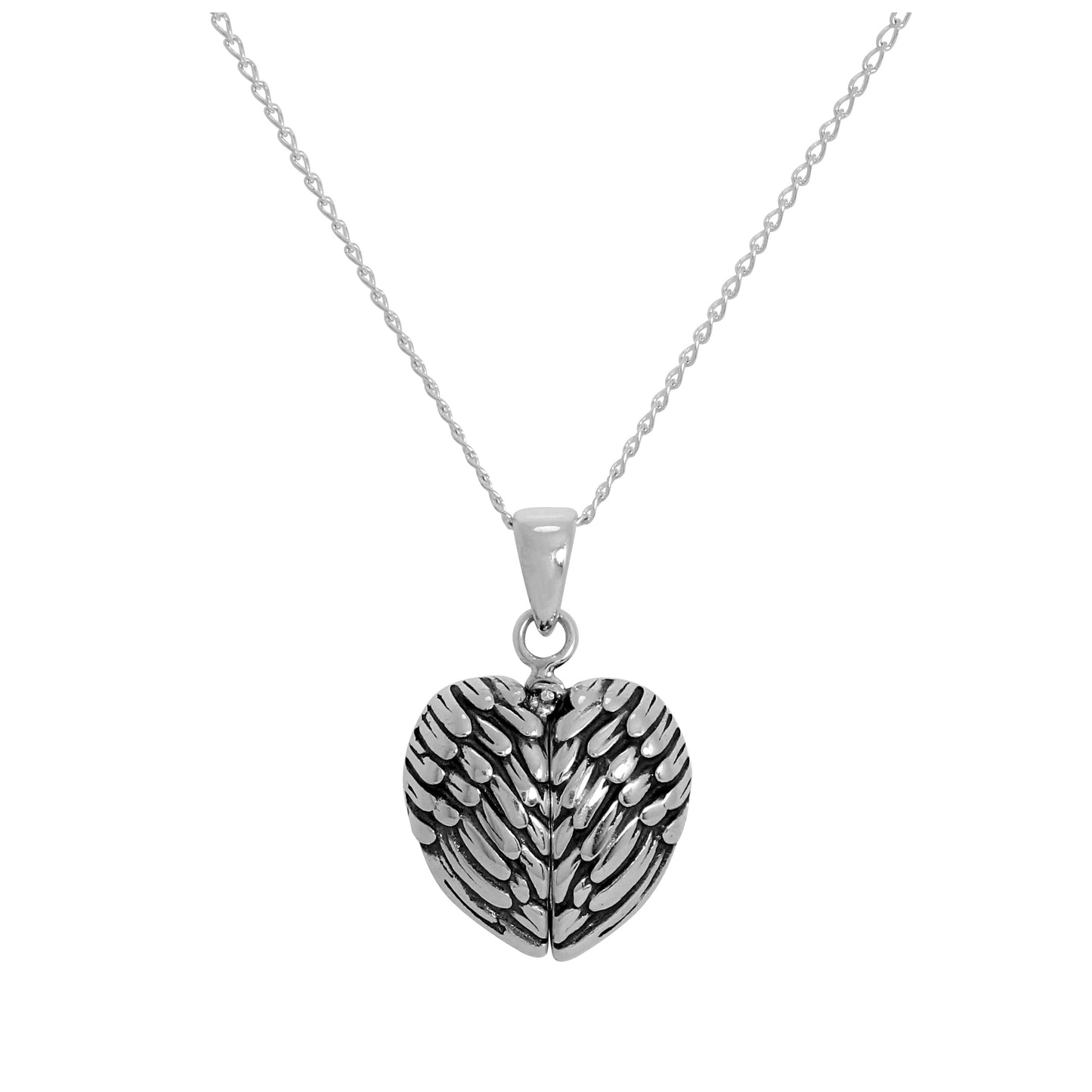 Halskette mit offenem Engelsflügel-Herzanhänger mit kleinem Herz darin aus Sterlingsilber 14–22 Zoll