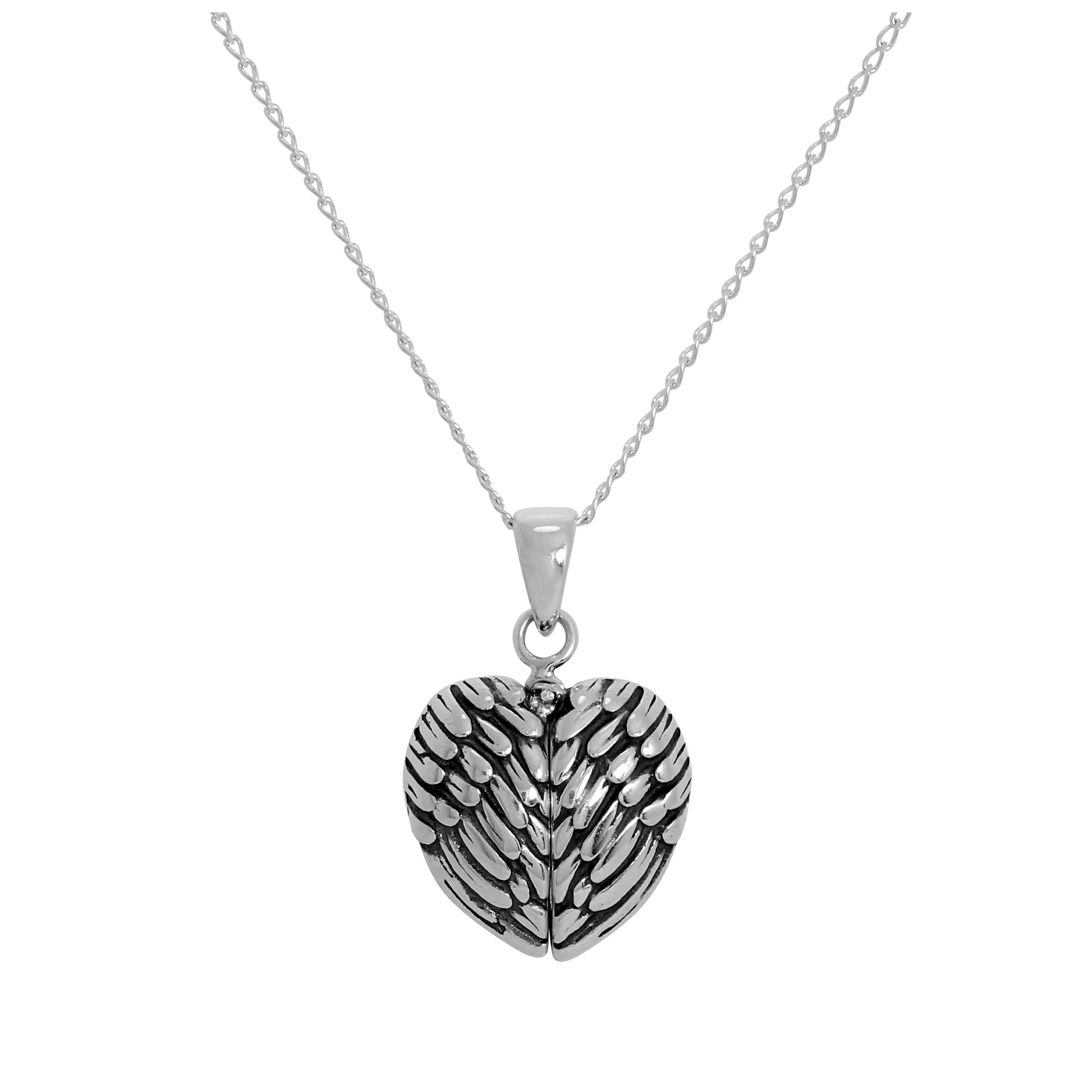 Halskette mit offenem Engelsflügel-Herzanhänger mit kleinem Herz darin aus Sterlingsilber 14–22 Zoll
