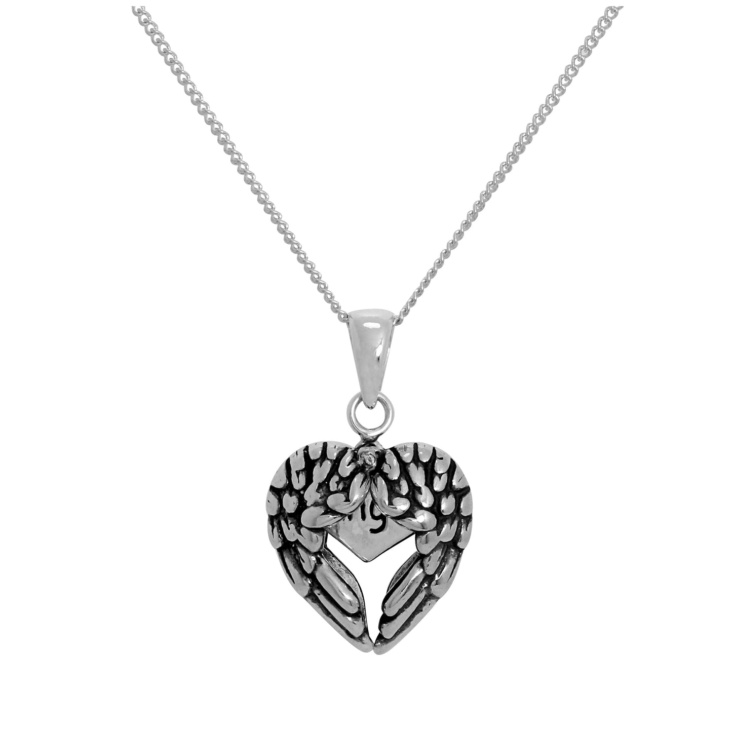 Halskette mit offenem Engelsflügel-Herzanhänger mit kleinem Herz darin aus Sterlingsilber 14–32 Zoll