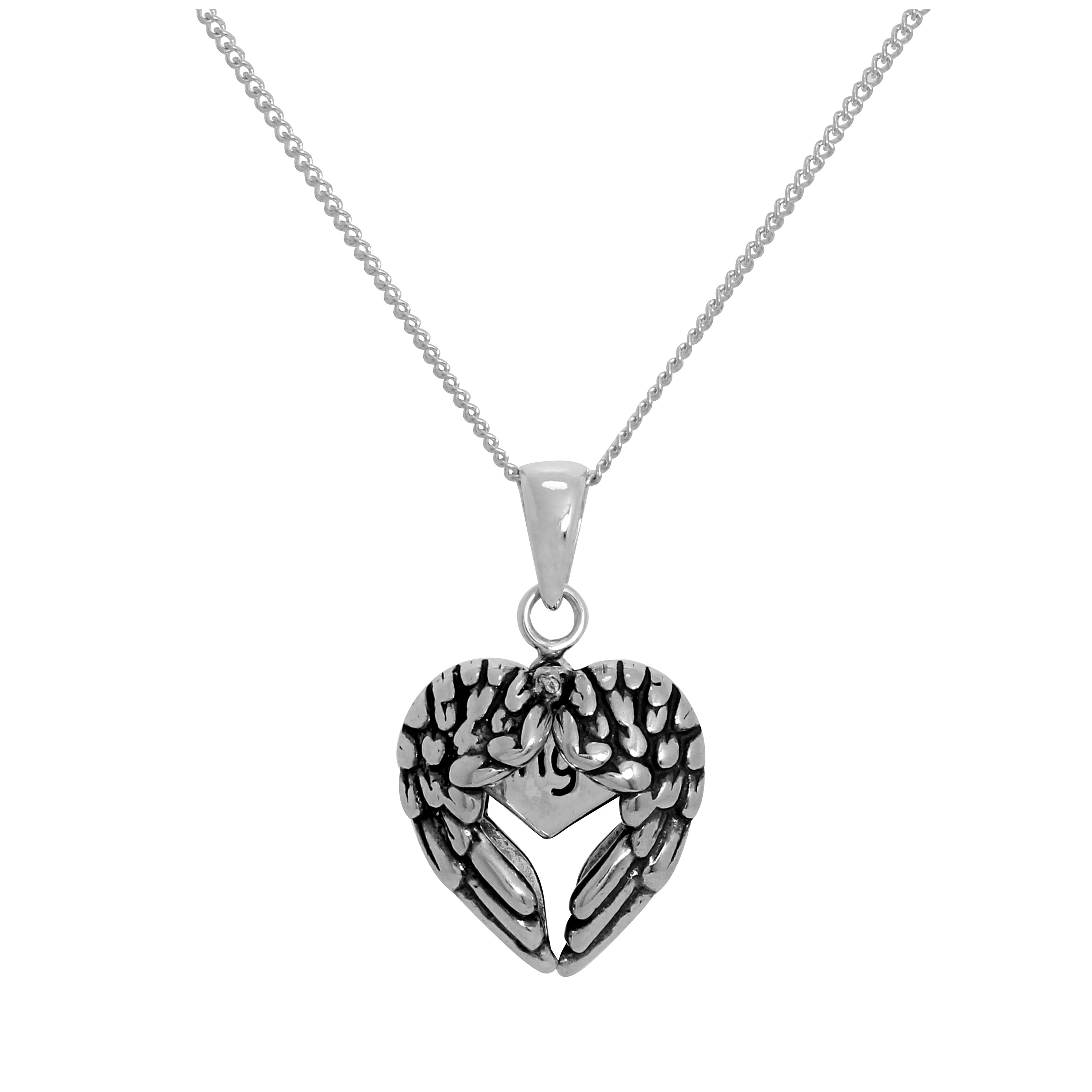 Halskette mit offenem Engelsflügel-Herzanhänger mit kleinem Herz darin aus Sterlingsilber 14–32 Zoll