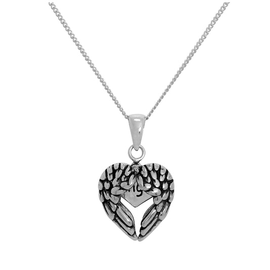 Halskette mit offenem Engelsflügel-Herzanhänger mit kleinem Herz darin aus Sterlingsilber 14–32 Zoll