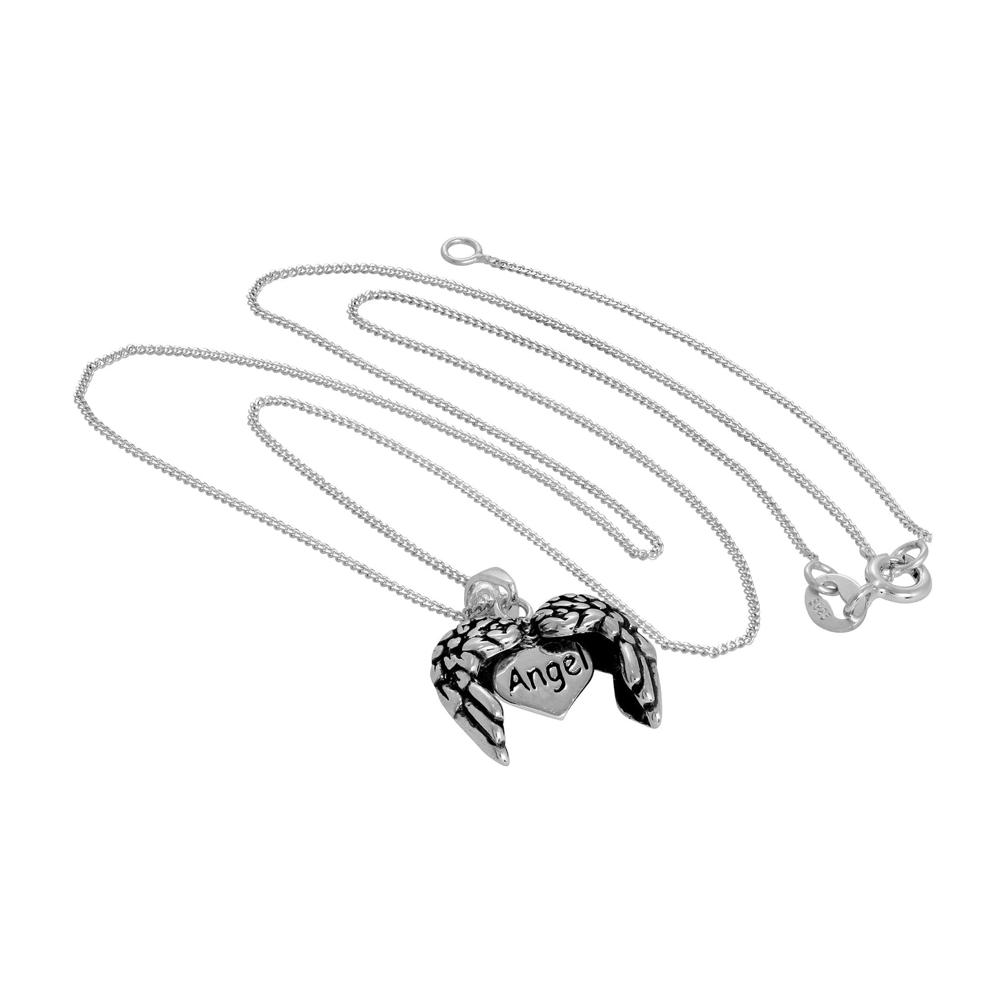 Halskette mit offenem Engelsflügel-Herzanhänger mit kleinem Herz darin aus Sterlingsilber 14–32 Zoll