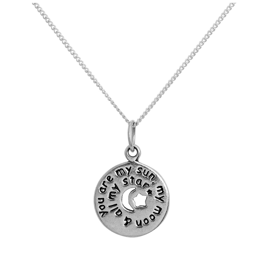 Sterlingsilber Runder Anhänger mit Botschaft und ausgeschnittenem Mond & Sternen an Kette 14 - 32 Zoll