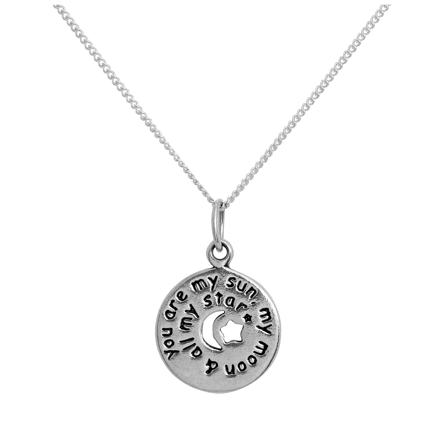 Sterling Silber Runder Anhänger mit Botschaft und ausgeschnittenem Mond & Sternen an Kette 14 - 32 Zoll