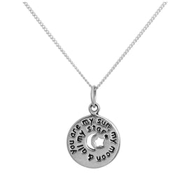 Sterlingsilber Runder Anhänger mit Botschaft und ausgeschnittenem Mond & Sternen an Kette 35 - 81 cm