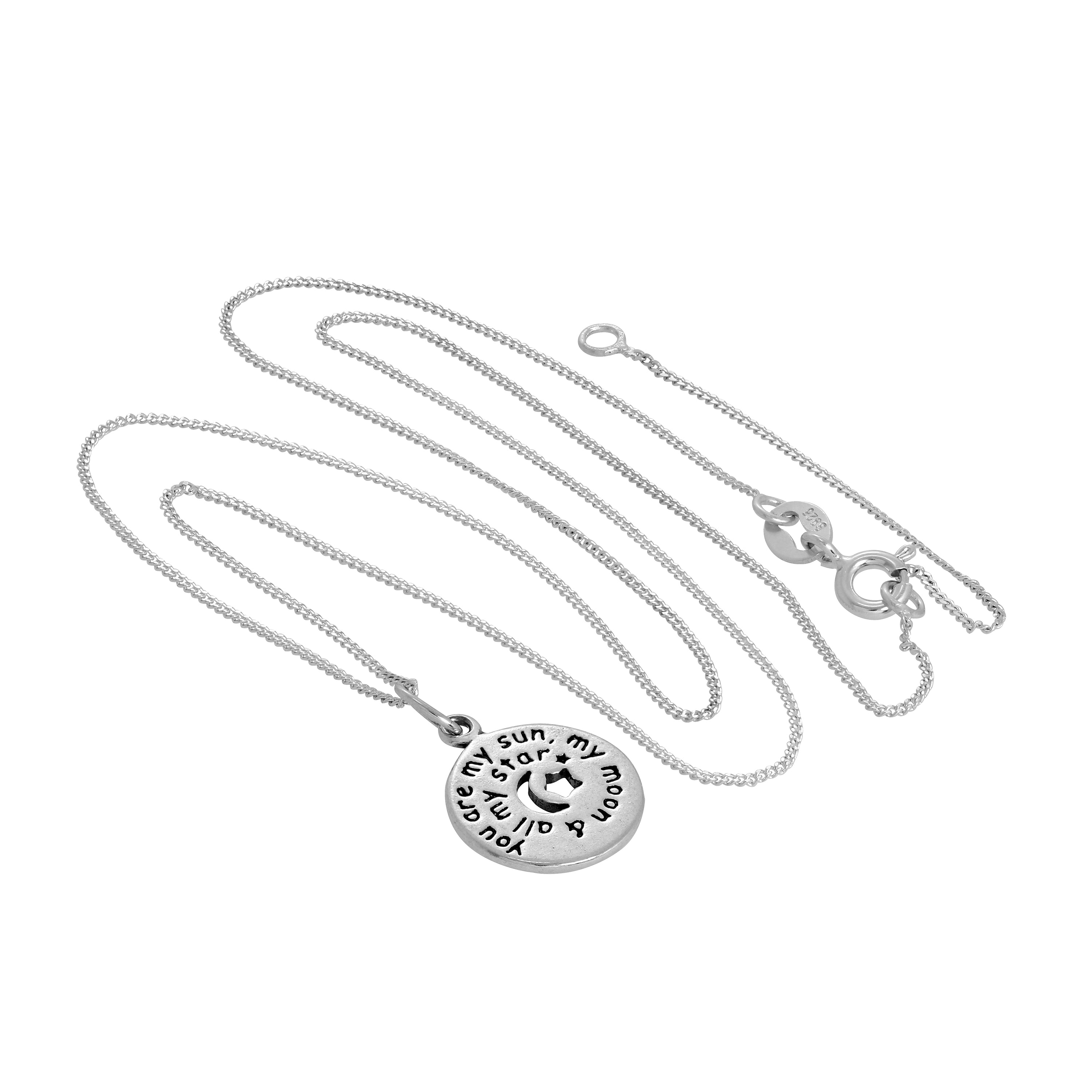 Sterlingsilber Runder Anhänger mit Botschaft und ausgeschnittenem Mond & Sternen an Kette 14 - 32 Zoll