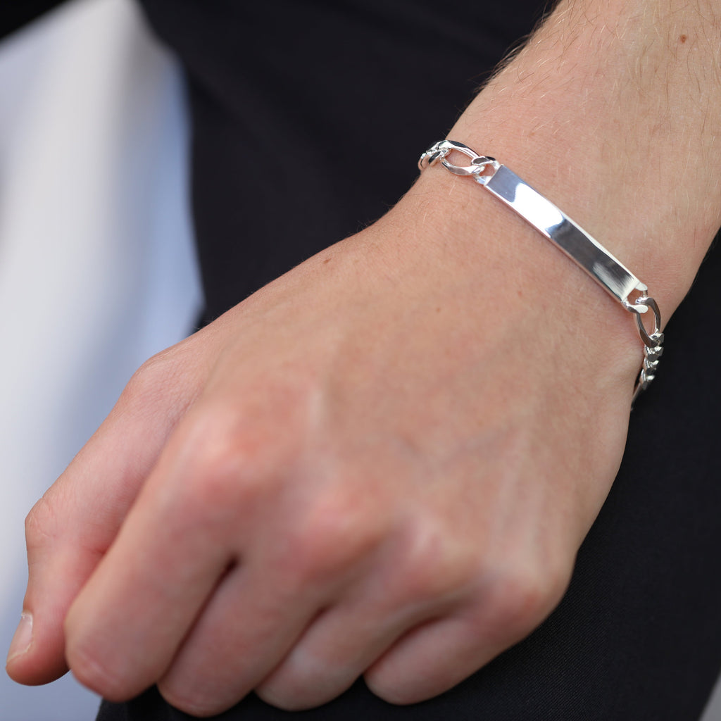 Dickes, kräftiges ID-Armband aus Sterlingsilber mit Panzer-Figarokette und ID-Platte, 7 mm, 18 - 21,5 cm