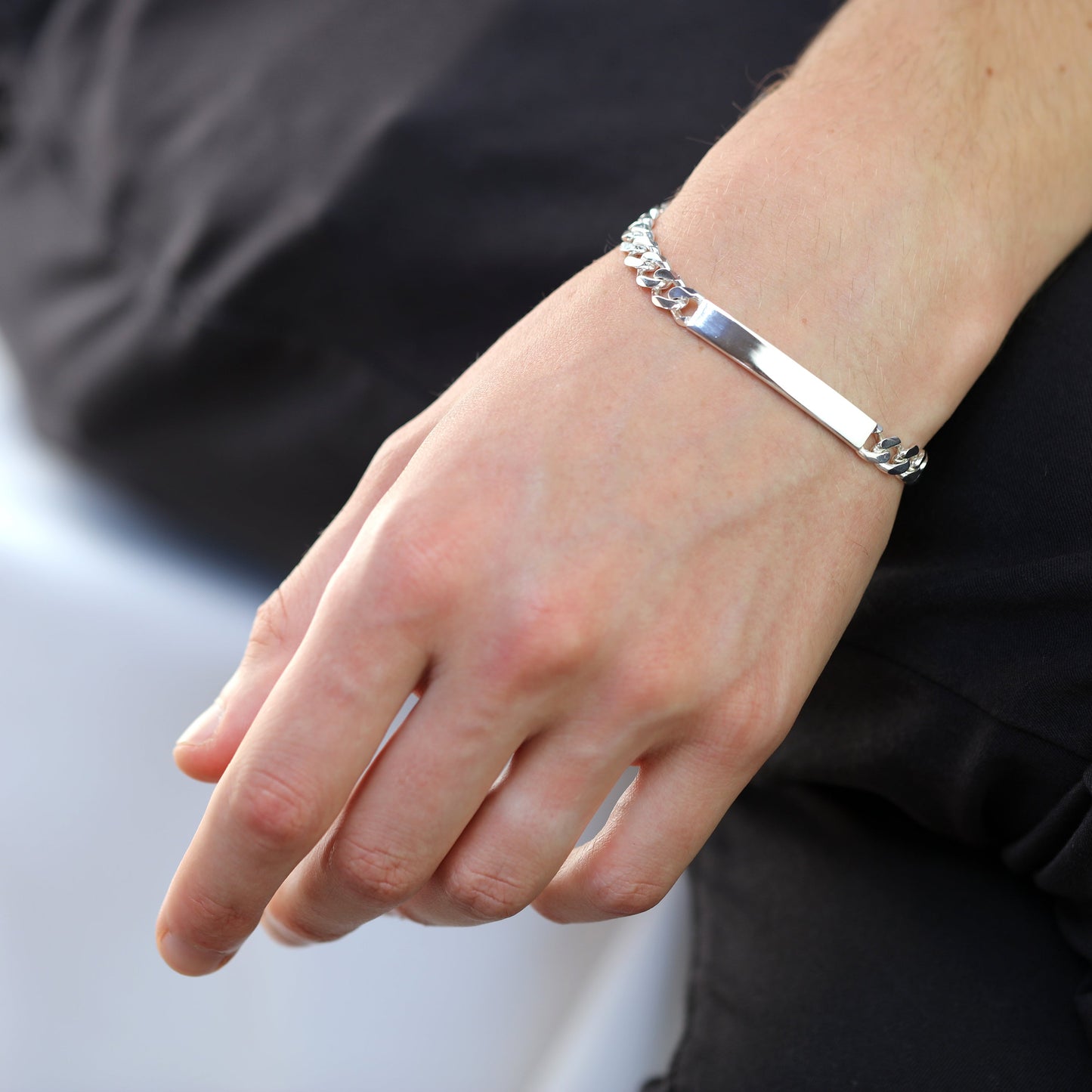 Sterling Silber dickes, schweres 7 mm Curb-Armband mit gravierbarer ID-Plakette 7 - 8 Zoll