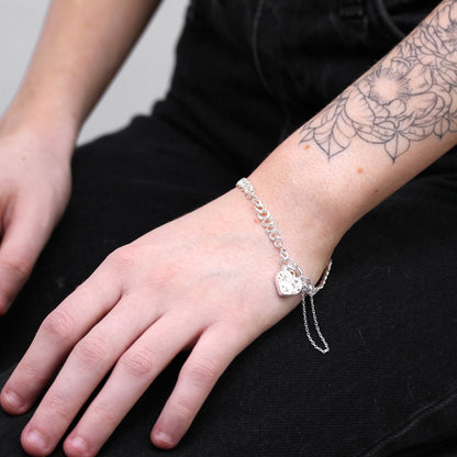 Sterling Silber Doppelkettenarmband mit Herz-Vorhängeschloss 6 Zoll - 8 Zoll