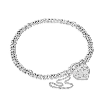 Sterling Silber Curb-Kettenarmband mit Herz-Vorhängeschloss 6–8 Zoll