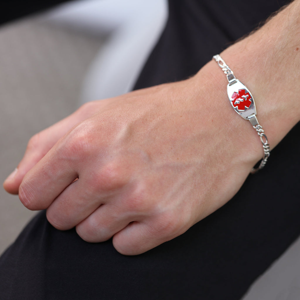 Medizinisches Notfallarmband für Männer und Frauen aus Sterlingsilber mit großer ovaler Gravurplatte – 7–8 Zoll