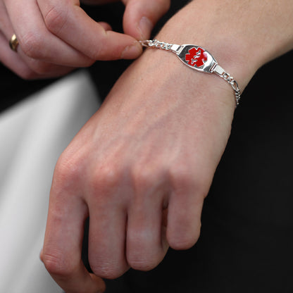 Medizinisches Notfallarmband für Männer und Frauen aus Sterlingsilber mit großer ovaler Gravurplatte – 7–8 Zoll