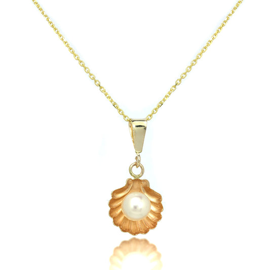 9ct Gold Sea Shell Pendant with Freshwater Pearl on Chain 16 - 20 Inches