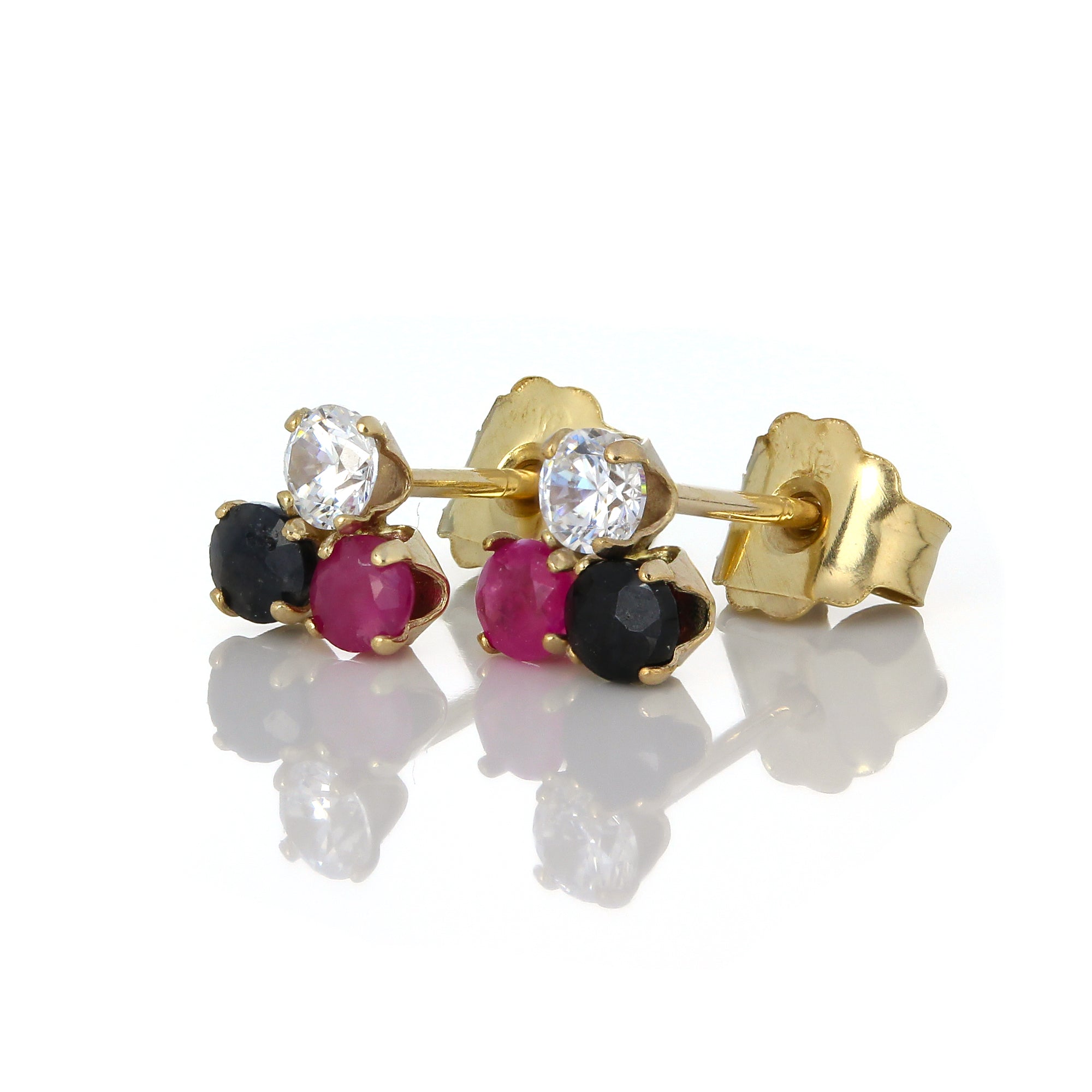 Ohrstecker aus 9-karätigem Gold mit 2,5 mm Saphir, Rubin und klarem CZ-Kristall