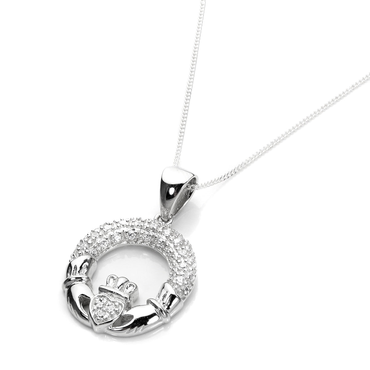 Halskette mit Anhänger aus Sterlingsilber mit klarem CZ-Claddagh