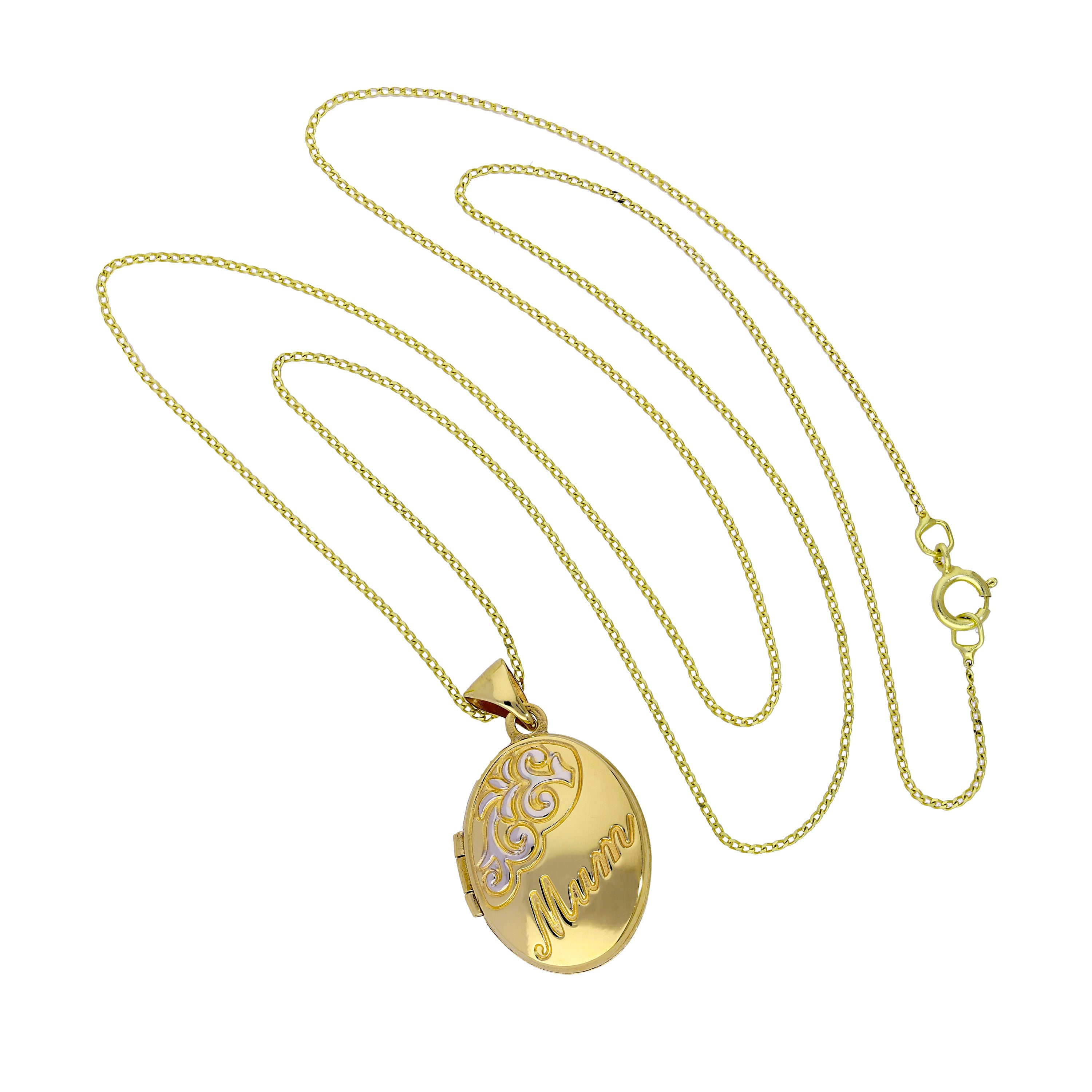 Ovales Medaillon aus 9 Karat Gold mit weißem Golddesign an einer Kette, 16–18 Zoll