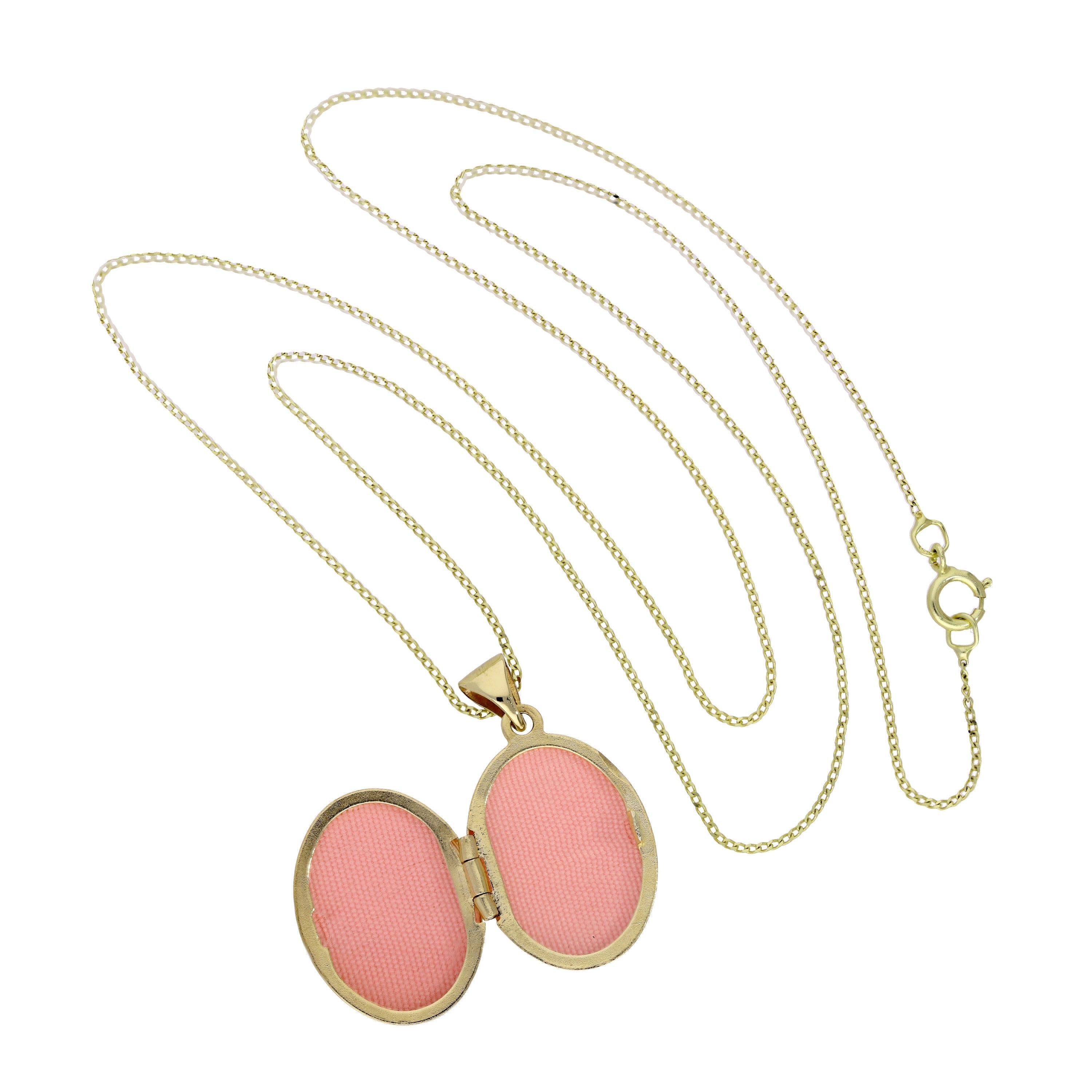 Ovales Medaillon aus 9 Karat Gold mit weißem Golddesign an einer Kette, 16–18 Zoll
