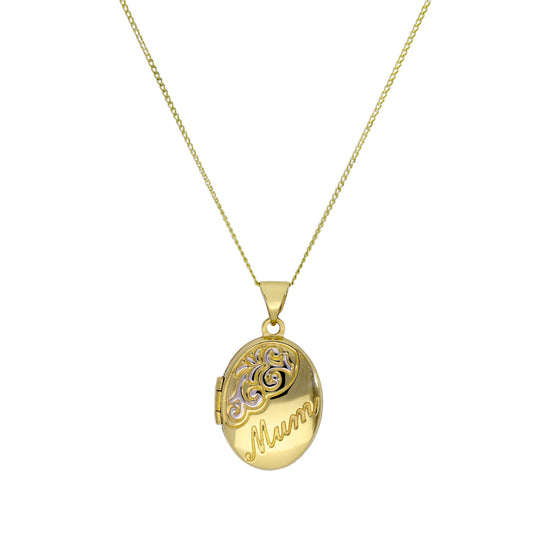 Ovales Medaillon aus 9 Karat Gold mit weißem Golddesign an einer Kette, 16–18 Zoll