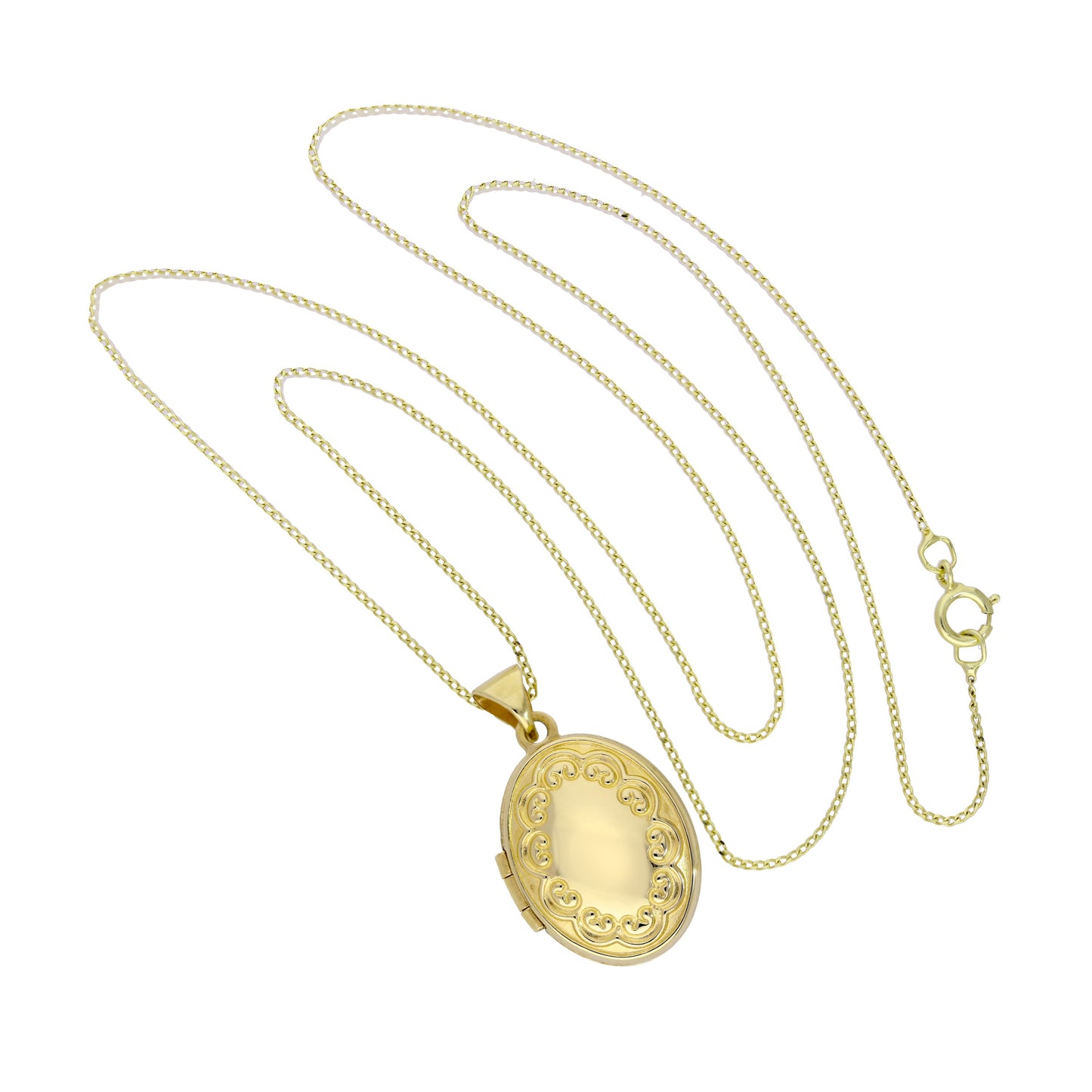 Ovales Medaillon aus 9 Karat Gold an einer Kette mit Blumenmuster, 16–18 Zoll