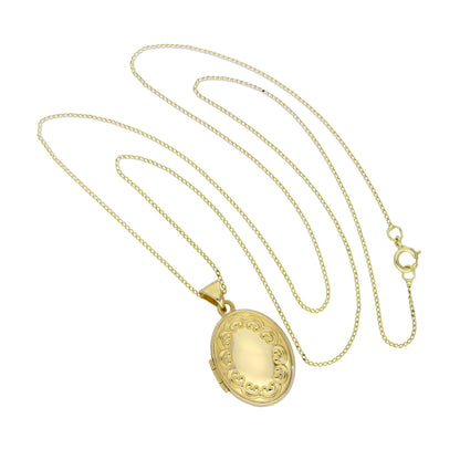Ovales Medaillon aus 9 Karat Gold an einer Kette mit Blumenmuster, 16–18 Zoll