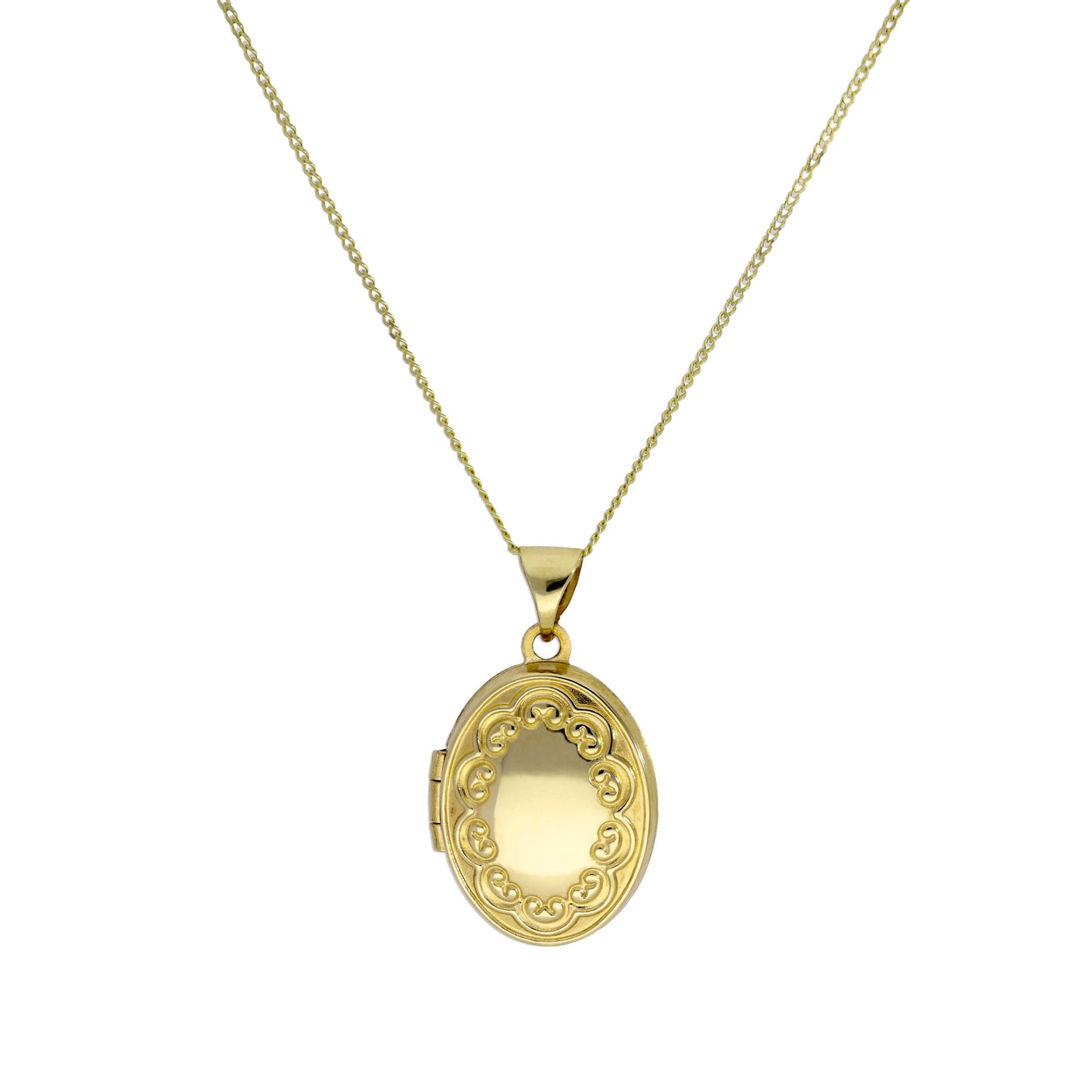 Ovales Medaillon aus 9 Karat Gold an einer Kette mit Blumenmuster, 16–18 Zoll