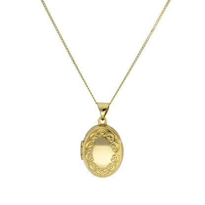 Ovales Medaillon aus 9 Karat Gold an einer Kette mit Blumenmuster, 16–18 Zoll