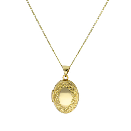 Ovales Medaillon aus 9 Karat Gold an einer Kette mit Blumenmuster, 16–18 Zoll