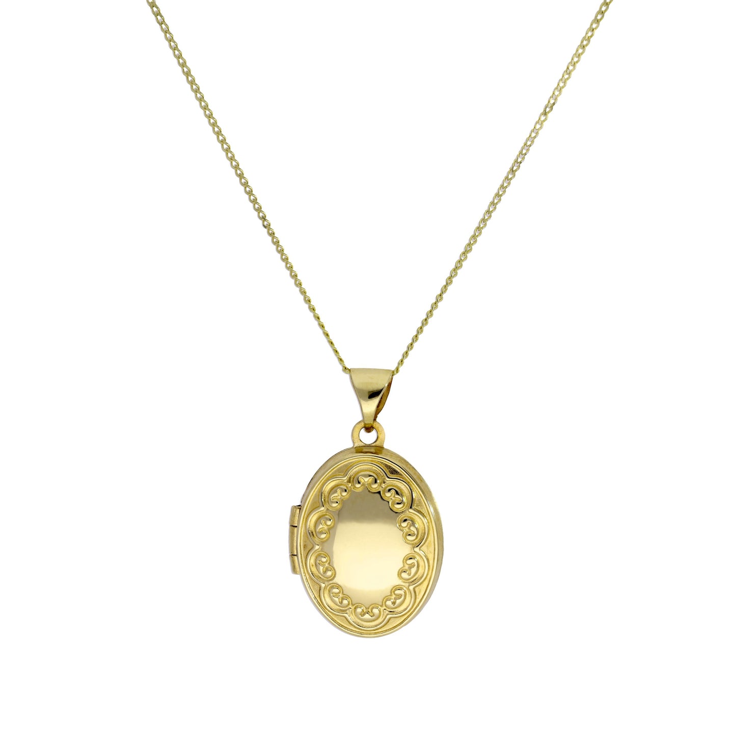 9ct Gold Oval Locket on Chain with Floral Design on Chain 16 - 18 Inches