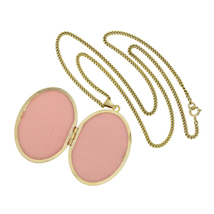 Groß 9 Karat Gold Oval Medaillon mit Weißgold Flora Motiv an Kette 40,5 - 51cm