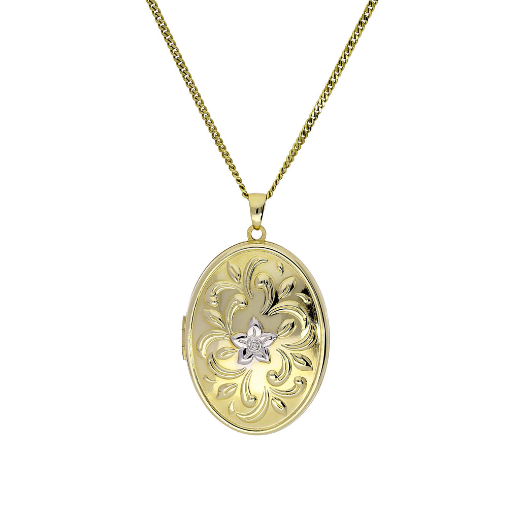 Groß 9 Karat Gold Oval Medaillon mit Weißgold Flora Motiv an Kette 40,5 - 51 cm