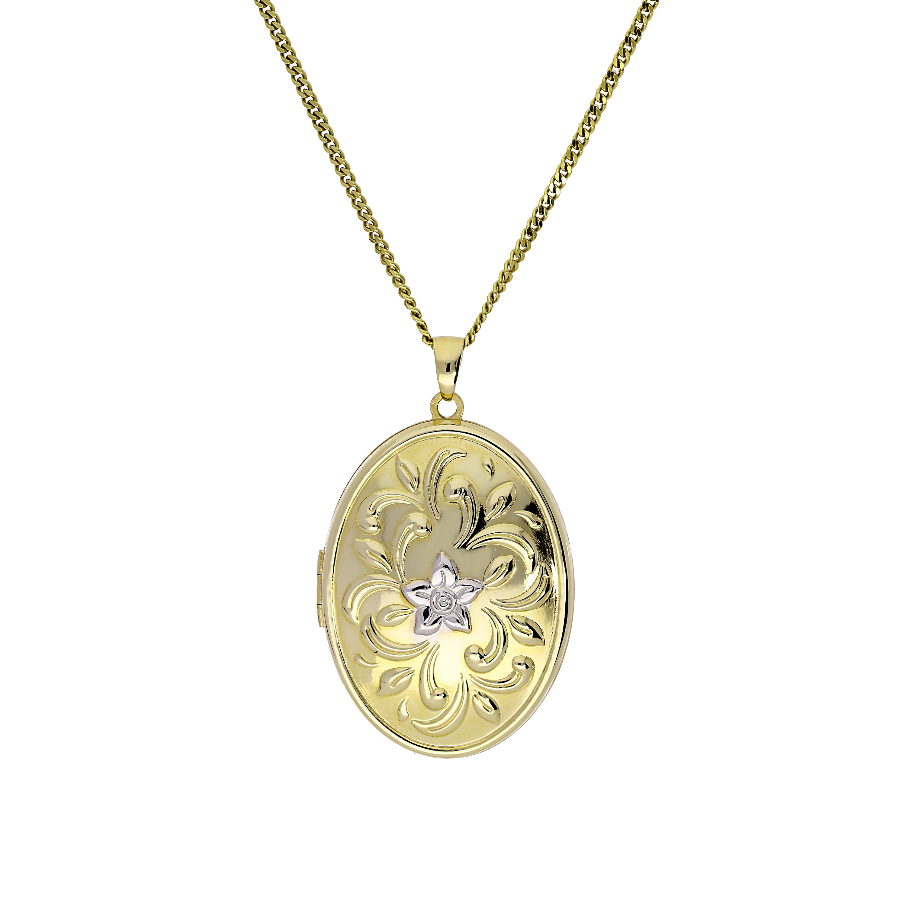 Groß 9 Karat Gold Oval Medaillon mit Weißgold Flora Motiv an Kette 40,5 - 51 cm