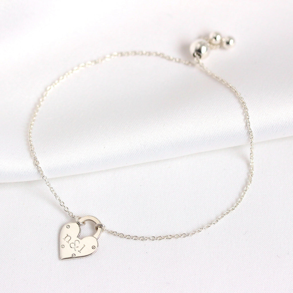Personalisiertes Sterlingsilber Initialen Herz Vorhängeschloss-Armband