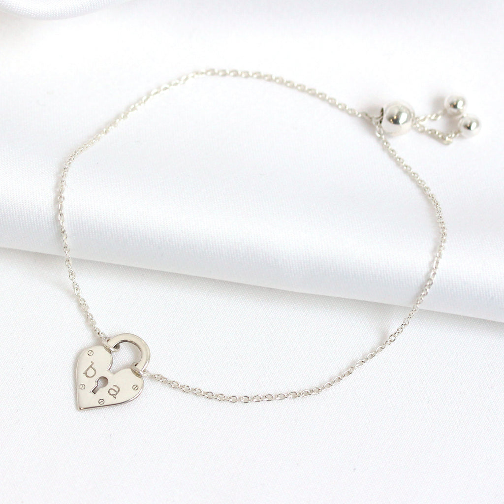 Personalisiertes Sterlingsilber Initialen Herz Vorhängeschloss-Armband
