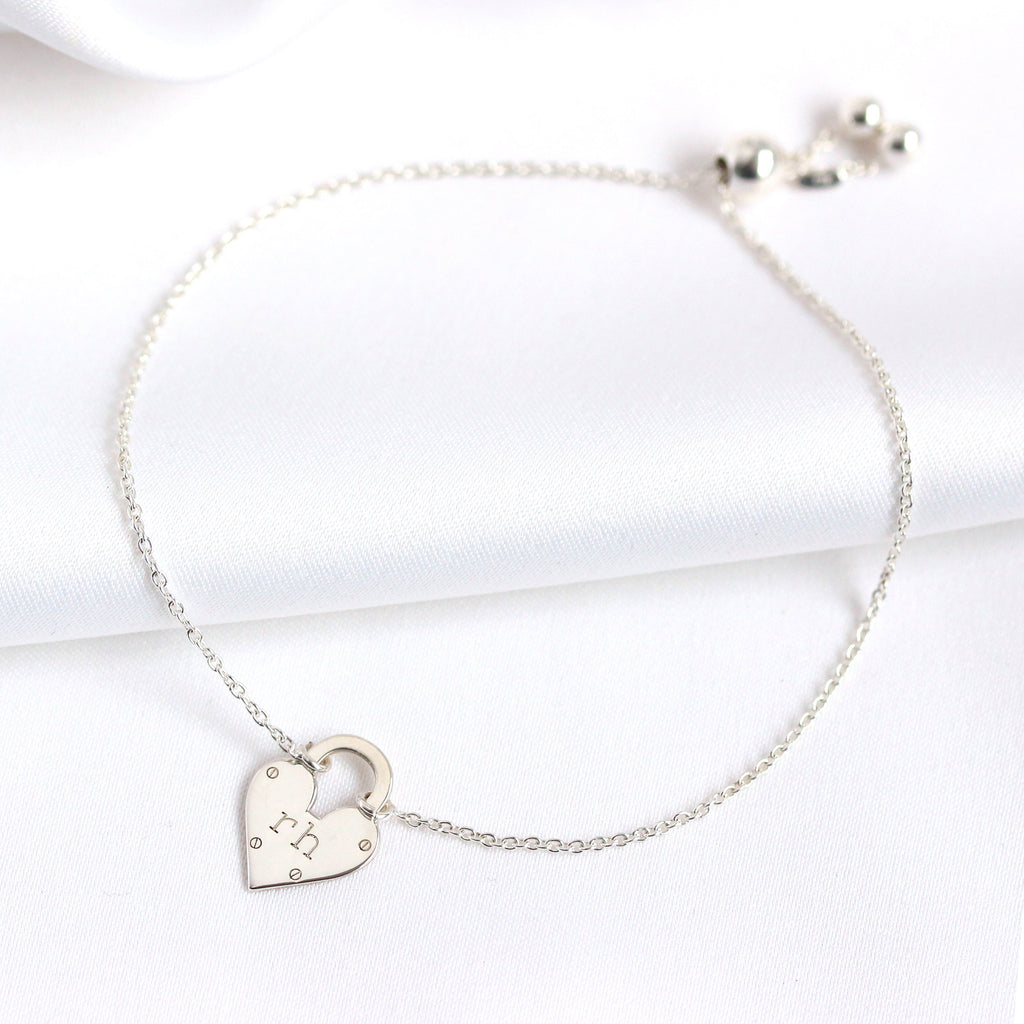 Personalisiertes Sterlingsilber Initialen Herz Vorhängeschloss-Armband