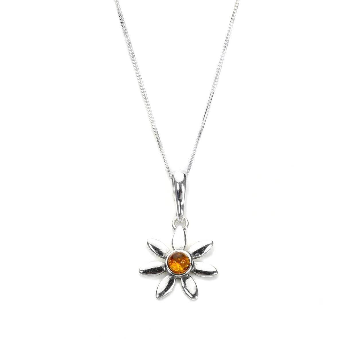 Anhänger aus Sterlingsilber und baltischem Bernstein in Blumenform – 16–22 Zoll