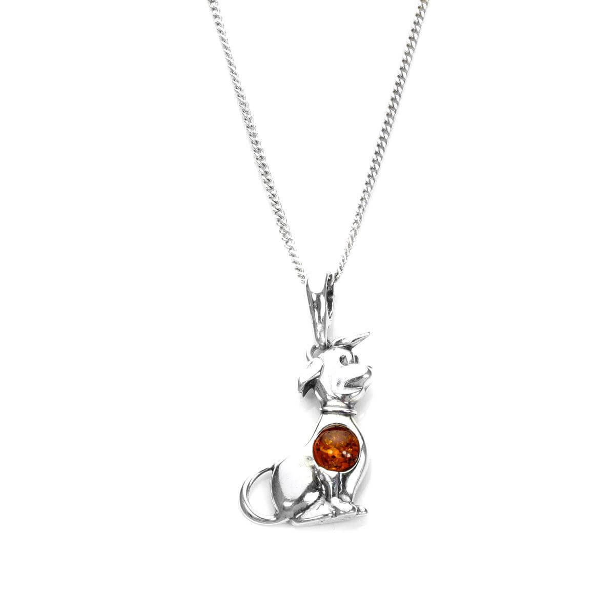 Anhänger aus Sterlingsilber und baltischem Bernstein mit sitzendem Hund, 40–56 cm