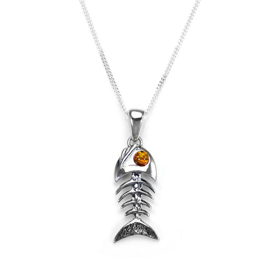 Sterling Silver & Baltic Amber Fish Pendant - 16 - 22 Inches