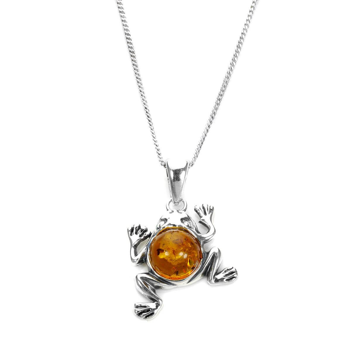 Anhänger aus Sterlingsilber und baltischem Bernstein mit springendem Frosch – 40–55 cm