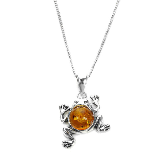 Anhänger aus Sterlingsilber und baltischem Bernstein mit springendem Frosch – 16–22 Zoll