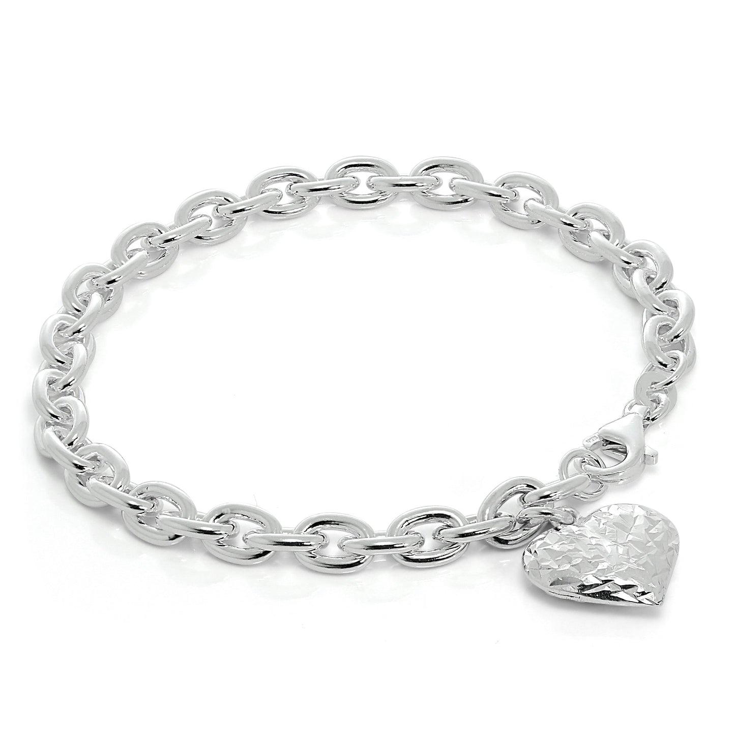 Schwer Sterlingsilber Anhänger Armband mit Diamantschliff Geschwollenes Herz Anhänger