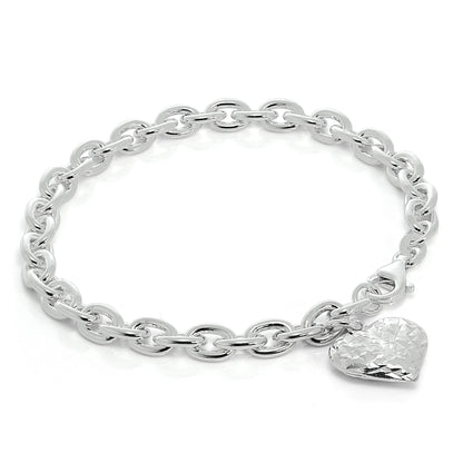 Schwer Sterlingsilber Anhänger Armband mit Diamantschliff Geschwollenes Herz Anhänger